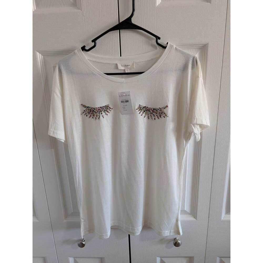 NWT Bohme Womens Small S Eyelashes Tee White T-Shirt Beaded Rhinestone Crystal